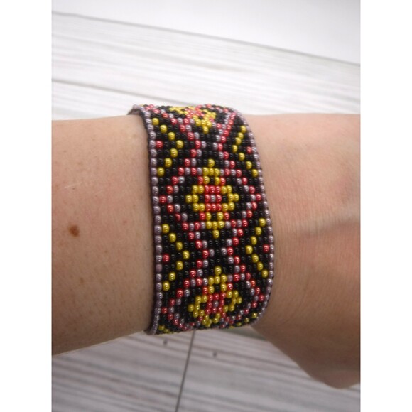 Loom Beaded Bracelet Black, Yellow, & Pink - Picture 1 of 4